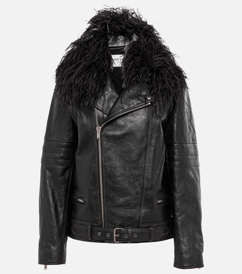 Feather-trimmed leather biker jacket