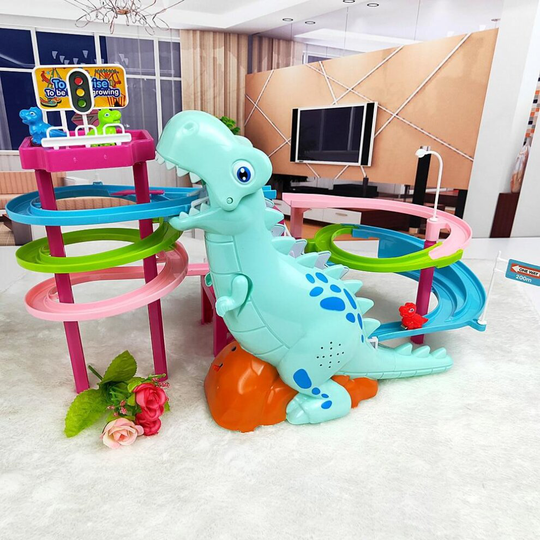 (As Seen on Image) Electric Slide Railcar Track Toy, 3-6 Years Old Dinosaur Climb Stairs Music Light Play, Interactive Educational Toys (Light Green)