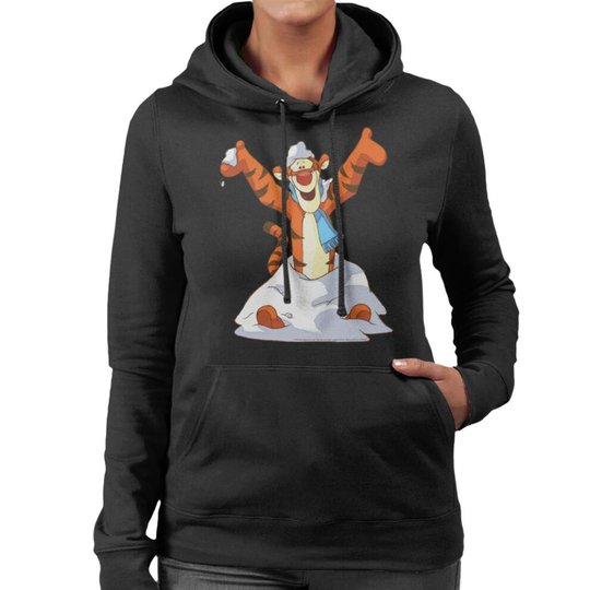 (L, Black) Disney Christmas Tigger In The Snow Women's Hooded Sweatshirt