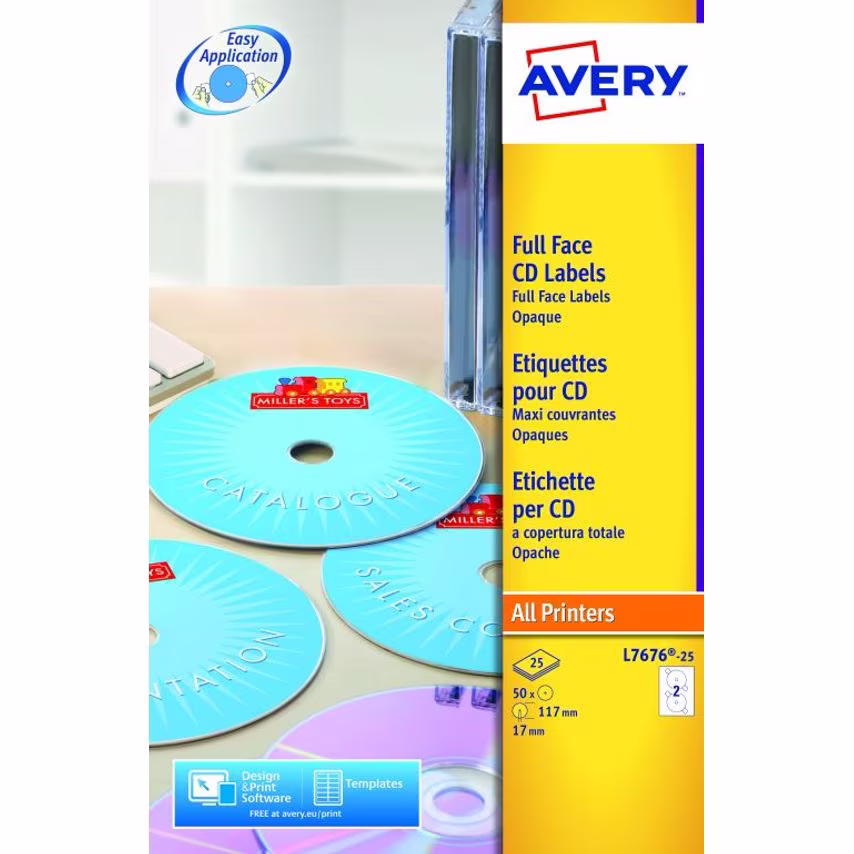 Avery Full Face CD/DVD Matt Label 117mm Diameter 2 Per A4 Sheet White (Pack 50 L