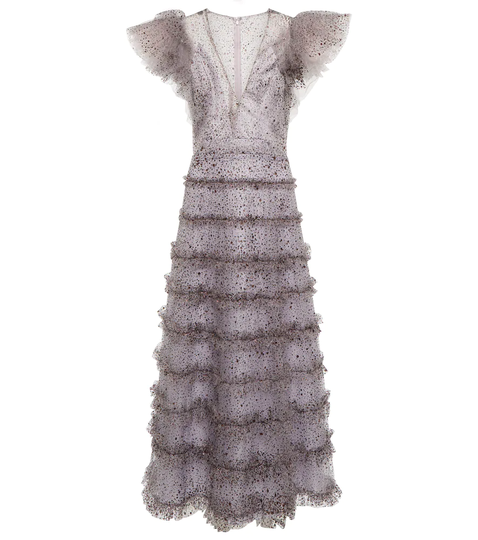 Crystal-embellished ruffled midi dress