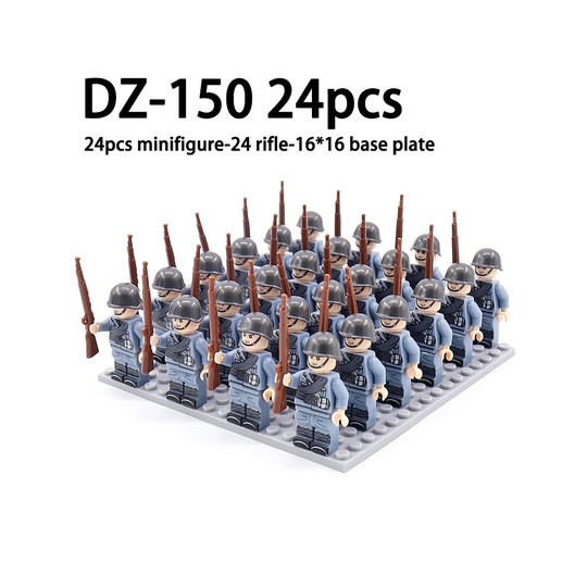 (DZ-150 24pcs) 24pcs Minifigures Military Building Blocks WW2 Rifle Models Assembling Military Games Suits Sand Tables 16*16 Base Plate