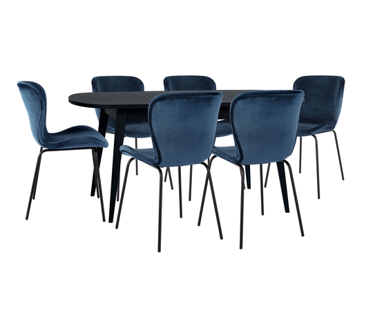 Habitat Etta Wood Veneer Extending Table & 6 Navy Chairs