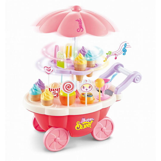 SOKA 36 Pcs Kids Ice Cream Trolley with Light and Sound - Pretend Play Food Toy for Children