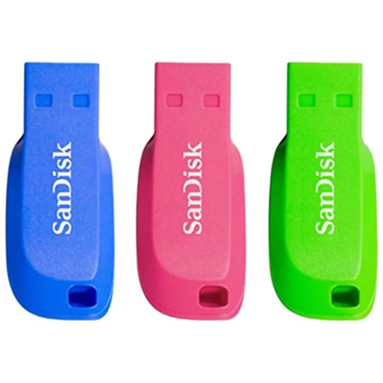 Sandisk Cruzer Blade 32GB USB 3.0 Capless Flash Drives 3 Pack Blue Green and Pin