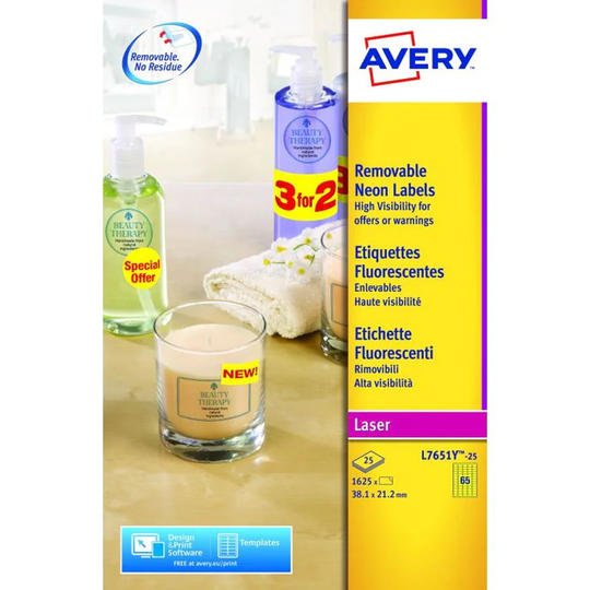 Avery Laser High Visibility Mini Removable Label 38x21mm 65 Per A4 Sheet Neon Ye