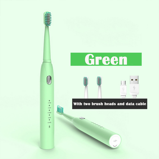 (Green) Electric Toothbrush Charging Sonic Vibration Children Adult Cleaning Toothbrush With 2 Brush Heads