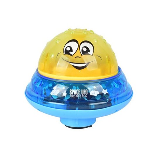 (Yellow/blue) 2 in 1 Induction Water Spray Toy & Space UFO Car Toys with LED Light Musical Fountain Toy Automatic Induction Sprinkler Bath Toy