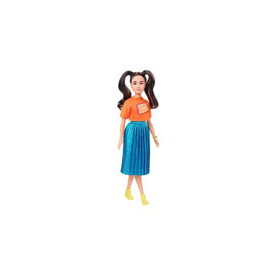 �Barbie Fashionistas Doll #145 with Long Brunette Pigtails Wearing Orange T-shirt, Shimmery Blue Skirt, Yellow Kicks & Bracelet, Toy for Kids 3