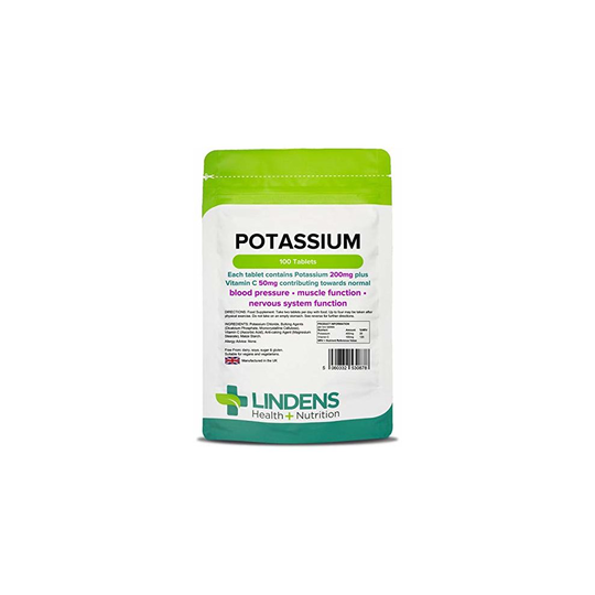 Lindens Potassium 200mg Tablets | 100 Pack | With 50mg Vitamin C per tablet and contributing towards normal blood pressure, muscle function and...