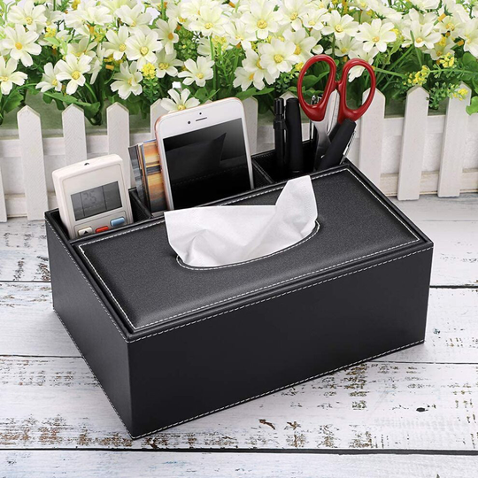 PU Leather Tissue Box with Remote Control Holder Desktop Organizer