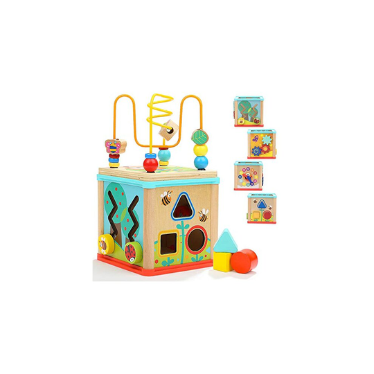 TOP BRIGHT Wooden Activity Cube 5-in-1 Wooden Activity Table for Kids and Babies Age 1, 2 year olds Educational Centre with Bead Maze and Sor