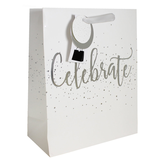 Gift Bag with Tag - 26.5x21cm Special Occasions - White and Silver Celebrate