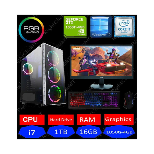 Gaming PC Computer Bundle Quad Core i7 16GB 1TB Win10 4GB GTX1050Ti