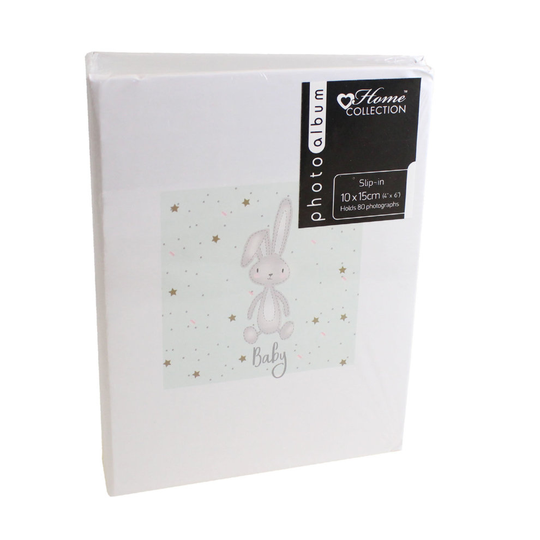 Photo Album - New Baby - White Album with Rabbit - Holds 80 Photo's