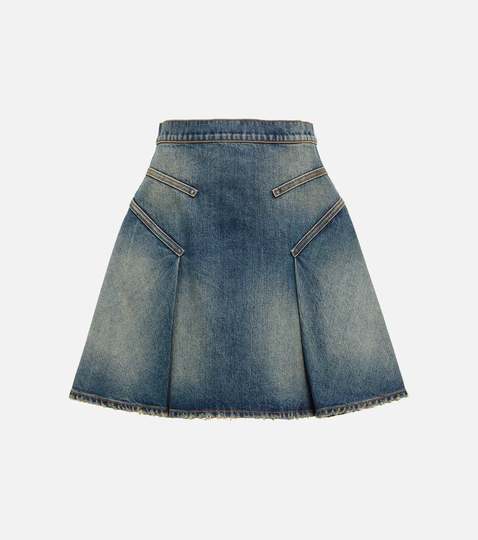 Flared pleated high-rise denim miniskirt