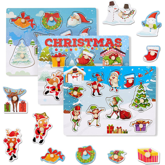 3 Wooden Christmas Puzzles for Kids, Cute Animal Characters, Perfect Educational Toy for Early Learning