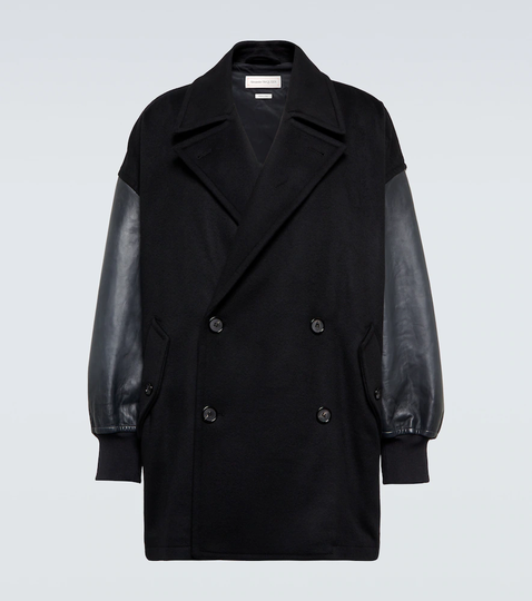 Leather-paneled wool coat