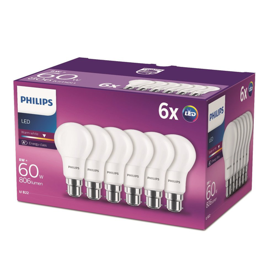 Philips LED B22 Bayonet Cap Light Bulbs, Frosted, 8 W (60 W) Warm White, 6 Pack