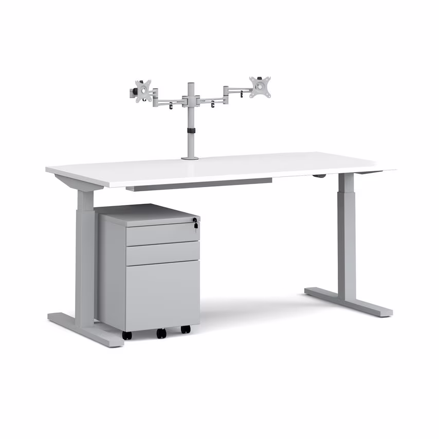 Dams ELEV8 Mono Straight Sit Stand Desk 1600mm - Silver Frame, Walnut Top with M