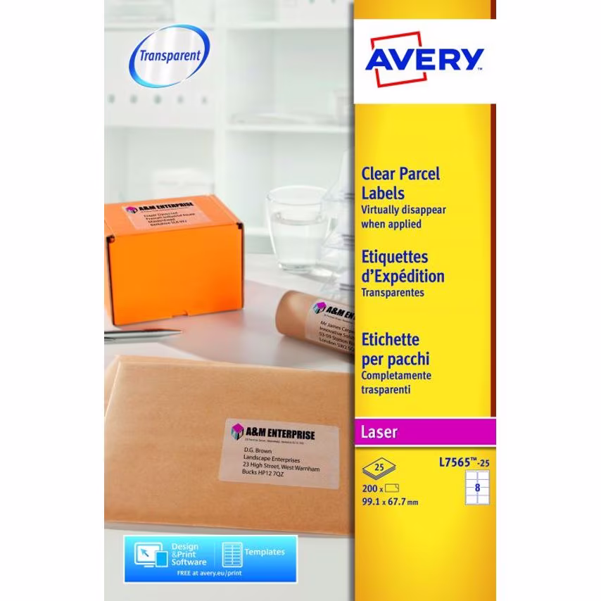 Avery Laser Parcel Label 99x67.7mm 8 Per A4 Sheet Clear (Pack 200 Labels) L7565-