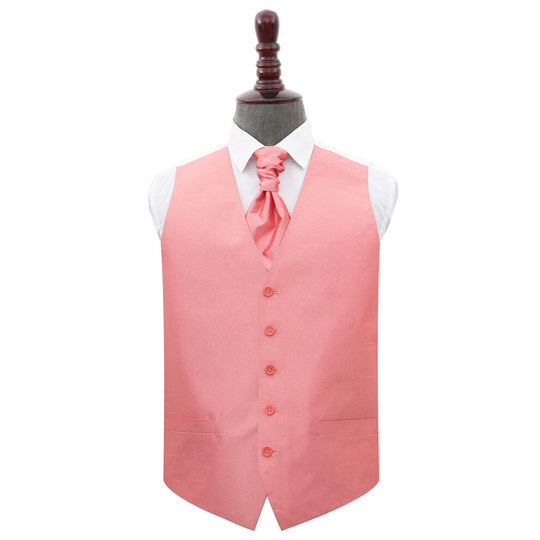 Salmon Pink Plain Shantung Wedding Waistcoat & Cravat Set 50'