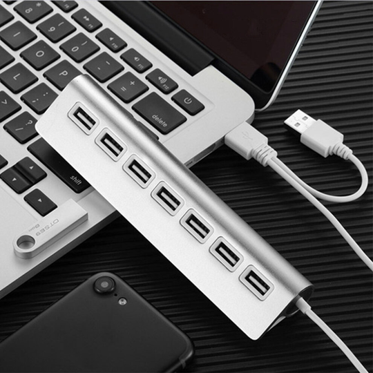 Dual Plug Fast Charge 7 Port USB 2.0 Hub Aluminium for PC Mac Multiport Adapter Splitter