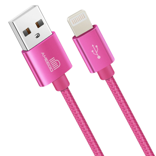 (1 metre, Hot Pink) Ameego Braided 8 pin Cable | Heavy-Duty Charger