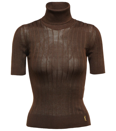 Ribbed-knit turtleneck silk top