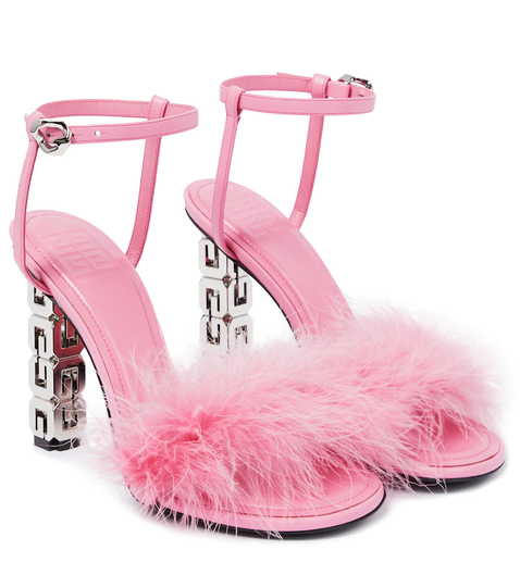 G Cube feather-trimmed leather sandals