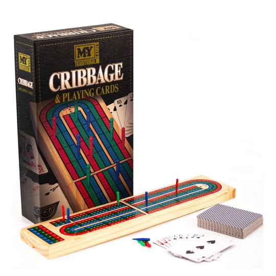 A Deluxe Solid Wood Cribbage Board & Playing Cards Traditional Card Game