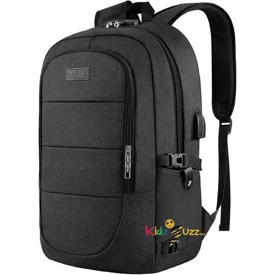 (Black) Business Travel Laptop Backpack USB Port and Lock
