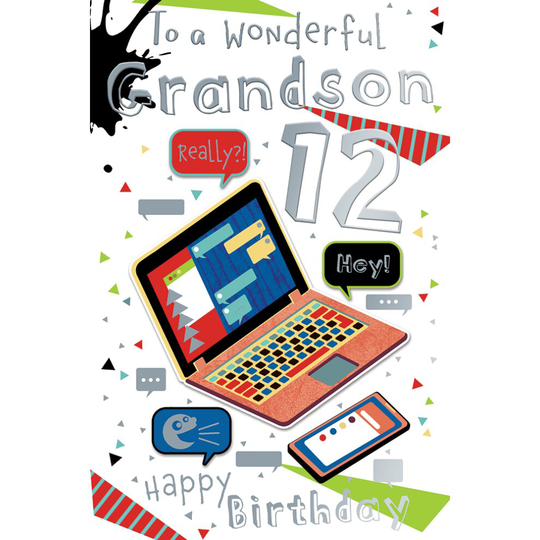 To A Wonderful Grandson 12th Age 12 Laptop Phone Happy Birthday Card