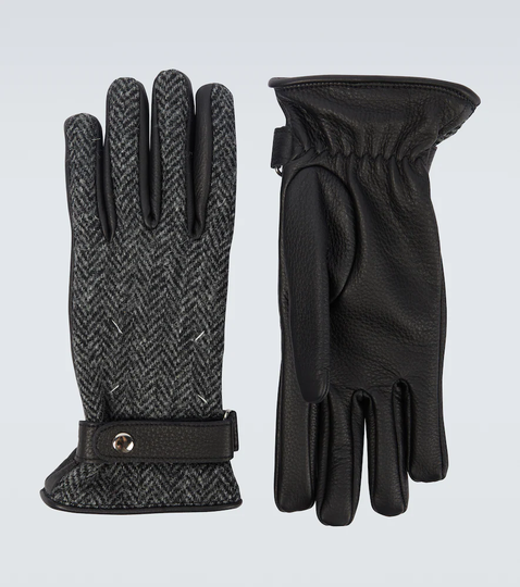 Herringbone and leather gloves