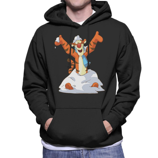 (L, Black) Disney Christmas Tigger In The Snow Men's Hooded Sweatshirt