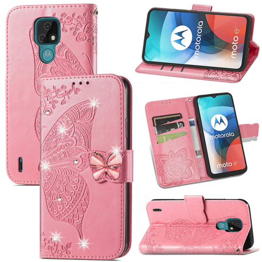 Motorola Moto E7 Folio Diamond Case Cover with Butterfly Print and Stand -Pink