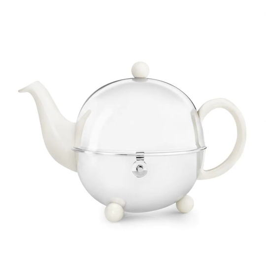 Bredemeijer Teapot Cosy Design Stoneware Cream White Body 1.3L with Polished Ste