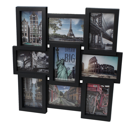 (Black) 3D Multi Collage 9 Picture Photo Wedding Frame Aperture Wall Hang Family Album