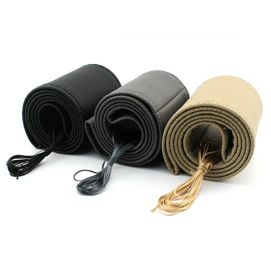 (Black) Leather DIY Car Steering Wheel Cover With Needles and Thread DIY Texture