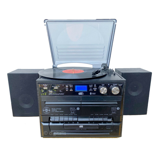 (Black) Steepletone Chicago RECORDING Retro 6 in 1 Music Centre, FM, DAB+, Bluetooth, turntable, CD Player, TWIN Cassette, SD, USB, Remote, Stereo Spe