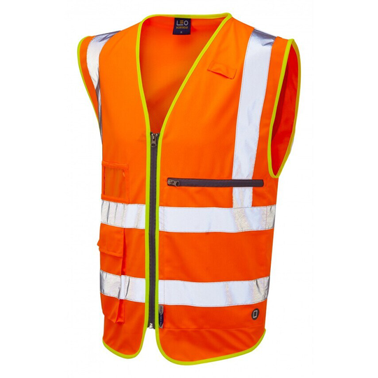 Leo Workwear Foreland ISO 20471 CL 2 Superior Waistcoat with Tablet Pocket Hi-vi