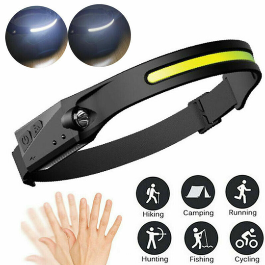 COB + LED Headlamp Torch with Motion Sensor USB for Fishing Camping