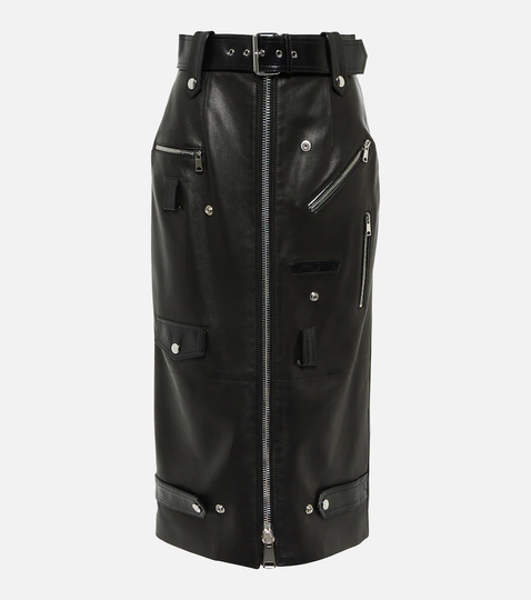 Zipped leather midi skirt