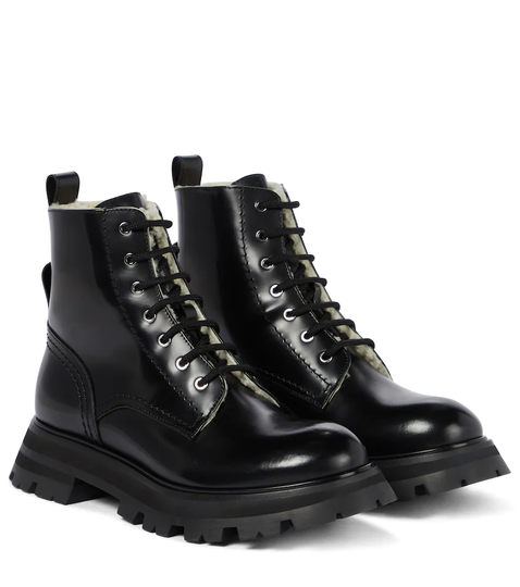 Wander shearling-trimmed leather combat boots
