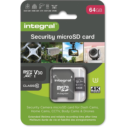 Integral Micro SD Security Card 64GB for Dash-Cams, Home Cams, CCTV, Body Cams and Drones. Extended lifetime and reliable recording time after time