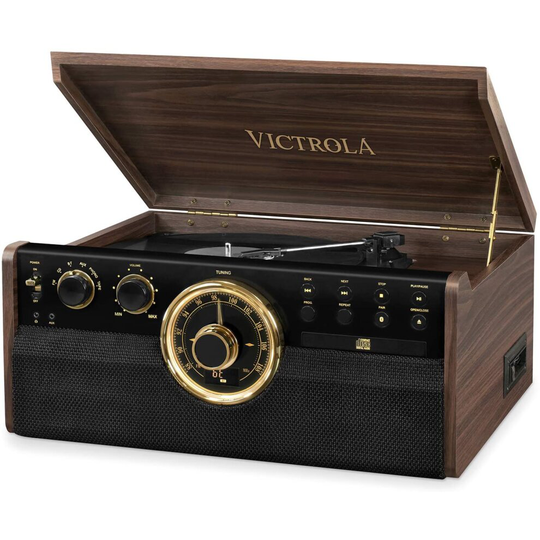 Victrola Empire 6-in-1 Wood Vintage Bluetooth Record Player with 3-Speed Turntable, CD, Cassette Player, FM Radio, Built-in Speakers and RCA Line Out