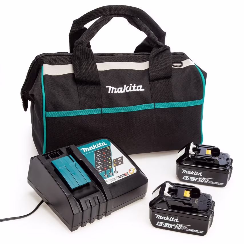 Makita 18V 2 x BL1850B 5.0AH Batteries, DC18RC Charger & Tool Bag Set