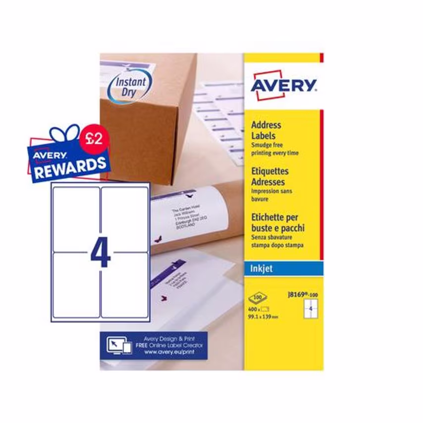 Avery Inkjet Address Label 139x99mm 4 Per A4 Sheet White (Pack 400 Labels) J8169