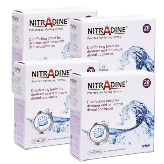 (4 Boxes) Nitradine - Tablets for Cleaning & Disinfecting Dentures & Orthodontic Dental Appliances