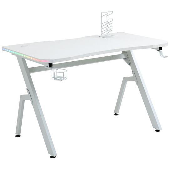 HOMCOM Ergonomic Gaming Desk w/ Hook Cup Holder LED Lights White